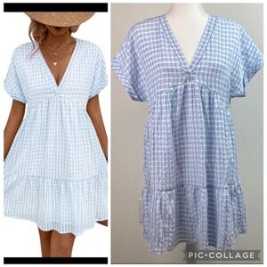 SHEIN lightweight seersucker checker mini sundress V neck short sleeve Medium